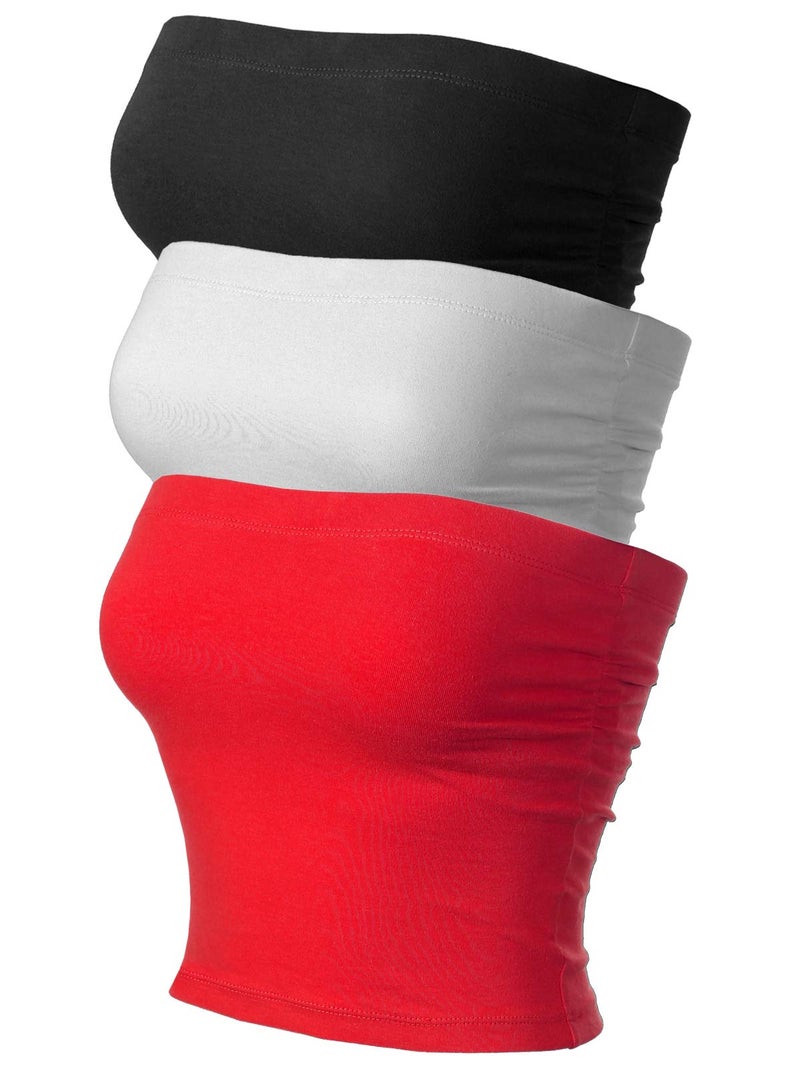 MixMatchy Women's Solid Casual Summer Side Shirring Scrunched Double Layered Tube Top 3PACK - Black/White/Red L - Image 1